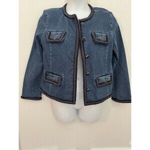 NWT Talbots Denim Jacket Metallic Trim Button Front Blue Preppy Classic New L